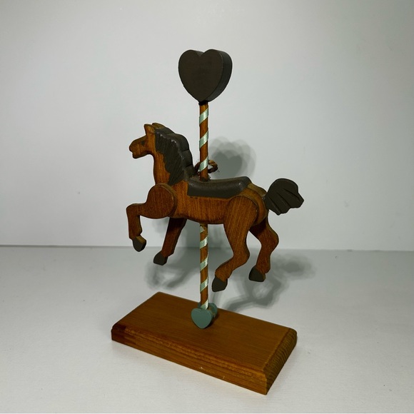 Wooden Carousel Horse 8" Figure Wood Carved Wood Base Bow Heart  Vintage - Picture 3 of 7